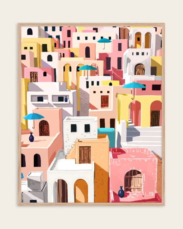Shop pastel cityscape summer travel buildings painting small batch graphic Art Print, Canvas Print, commercial digital license and instant download printable -available at 83oranges.com by artist Uma Gokhale India