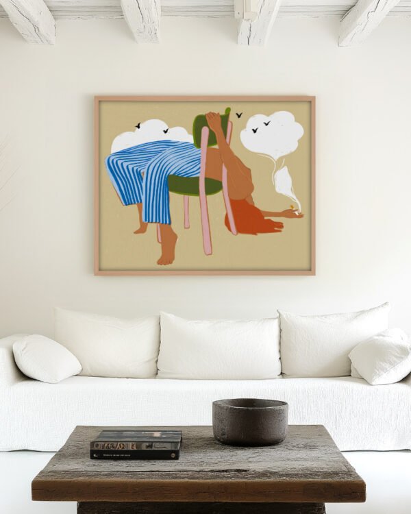 Shop smoking up clouds weekend vibe fashion boho hippie painting Art Print, Canvas Print, Commercial digital license & Instant download printable - available at 83oranges.com by artist Uma Gokhale India