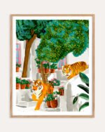 Shop two tigers in Greece Santorini tropical Summer painting Art Print, Canvas Print, Commercial digital license, instant download printable - available at 83oranges.com by artist Uma Gokhale India