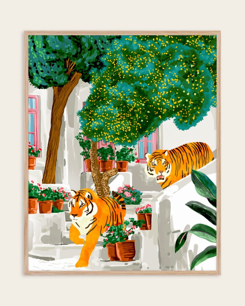 Shop two tigers in Greece Santorini tropical Summer painting Art Print, Canvas Print, Commercial digital license, instant download printable - available at 83oranges.com by artist Uma Gokhale India