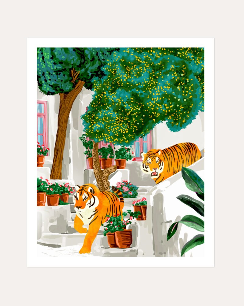 Shop two tigers in Greece Santorini tropical Summer painting Art Print, Canvas Print, Commercial digital license, instant download printable - available at 83oranges.com by artist Uma Gokhale India