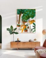 Shop two tigers in Greece Santorini tropical Summer painting Art Print, Canvas Print, digital printable download - available at 83oranges.com by artist Uma Gokhale India