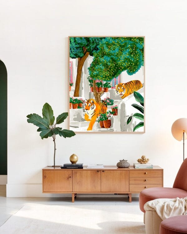 Shop two tigers in Greece Santorini tropical Summer painting Art Print, Canvas Print, digital printable download - available at 83oranges.com by artist Uma Gokhale India