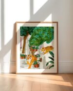 Shop two tigers in Greece Santorini tropical Summer painting Art Print, Canvas Print, digital printable download - available at 83oranges.com by artist Uma Gokhale India