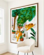 Shop two tigers in Greece Santorini tropical Summer painting Art Print, Canvas Print, Commercial digital license, instant download printable - available at 83oranges.com by artist Uma Gokhale India