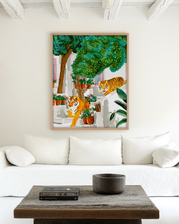 Shop two tigers in Greece Santorini tropical Summer painting Art Print, Canvas Print, Commercial digital license, instant download printable - available at 83oranges.com by artist Uma Gokhale India