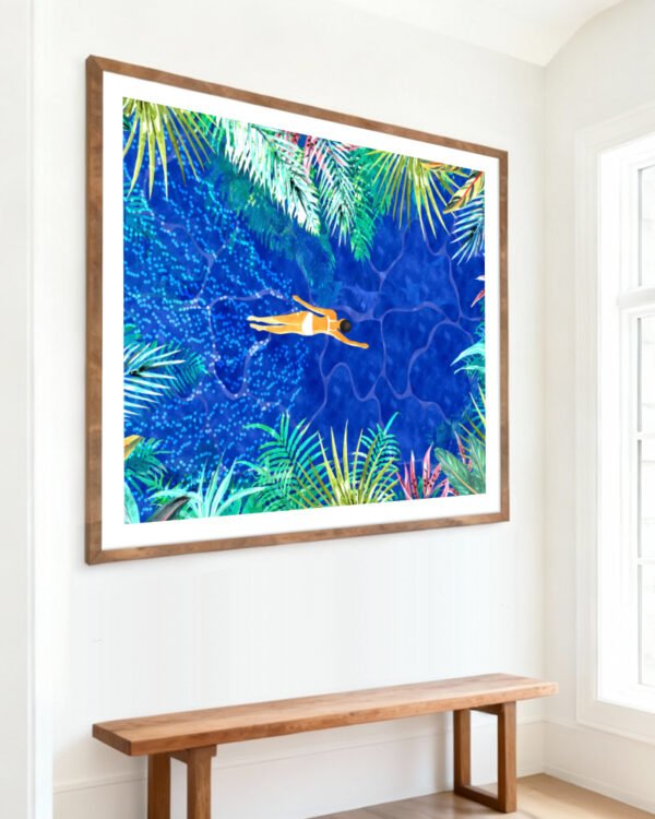 Shop Bohemian woman Tropical maximalist swimming Art Print, Canvas Print, Commercial digital license & instant download printable - certified at 83oranges.com by artist Uma Gokhale India