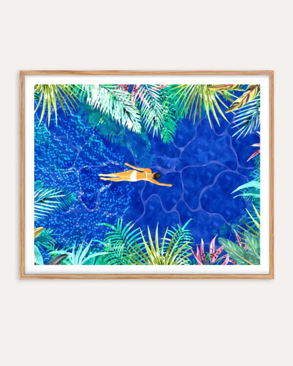 Shop Bohemian woman Tropical maximalist swimming Art Print, Canvas Print, Commercial digital license & instant download printable - certified at 83oranges.com by artist Uma Gokhale India