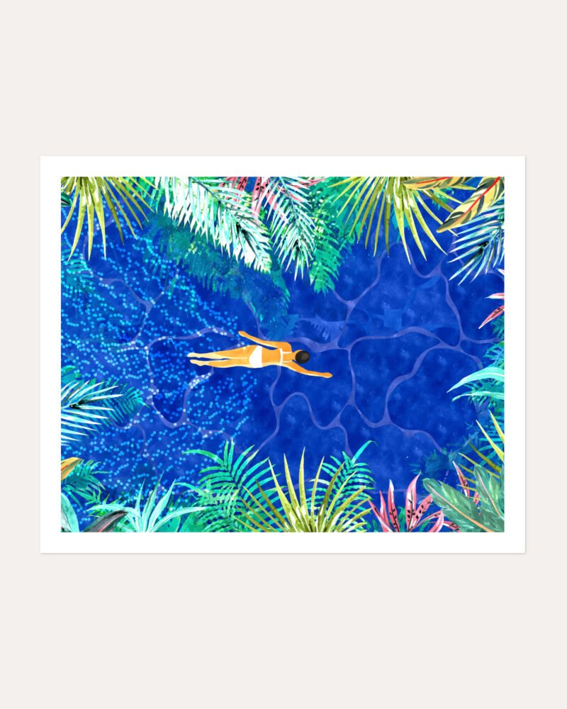 Shop Bohemian woman Tropical maximalist swimming Art Print, Canvas Print, Commercial digital license & instant download printable - certified at 83oranges.com by artist Uma Gokhale India