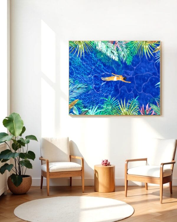 Shop Bohemian woman Tropical maximalist swimming Art Print & Canvas Print - exclusively certified at 83oranges.com by artist Uma Gokhale India
