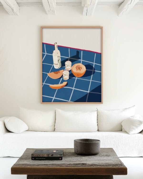 Shop Melon vodka shots still life gouache painting Art Print & Canvas Print, commercial digital license, instant download printable - exclusively certified at 83oranges.com by artist Uma Gokhale India
