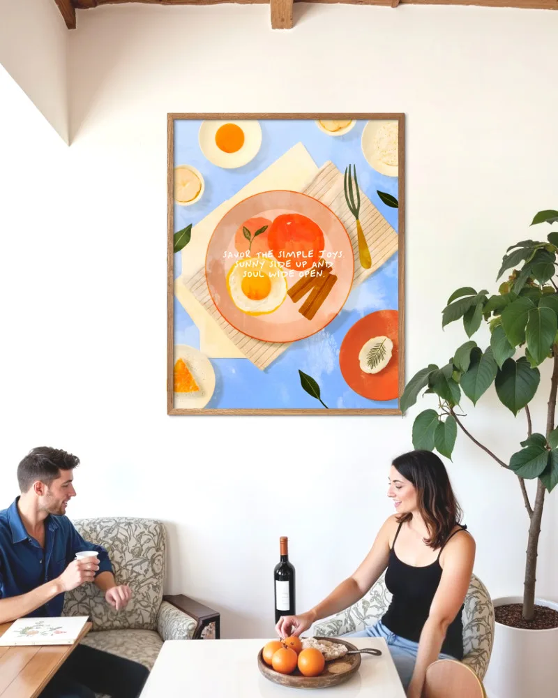 Shop sunny side up breakfast food tabletopPainting Art Print, Canvas Print - available at 83oranges.com by artist Uma Gokhale India