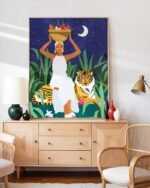 Shop bohemian woman midnight tiger Jungle safari fruit basket Painting Art Print, Canvas Print - available at 83oranges.com by artist Uma Gokhale India