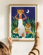 Shop bohemian woman midnight tiger Jungle safari fruit basket Painting Art Print, Canvas Print - available at 83oranges.com by artist Uma Gokhale India