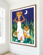 Shop bohemian woman midnight tiger Jungle safari fruit basket Painting Art Print, Canvas Print, commercial digital license and instant download printable - available at 83oranges.com by artist Uma Gokhale India