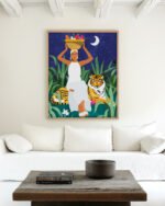 Shop Not where I intended to go, but Even Better — Midnight Tiger Forest bohemian woman midnight tiger Jungle safari fruit basket Painting Art Print, Canvas Print, commercial digital license and instant download printable - available at 83oranges.com by artist Uma Gokhale India