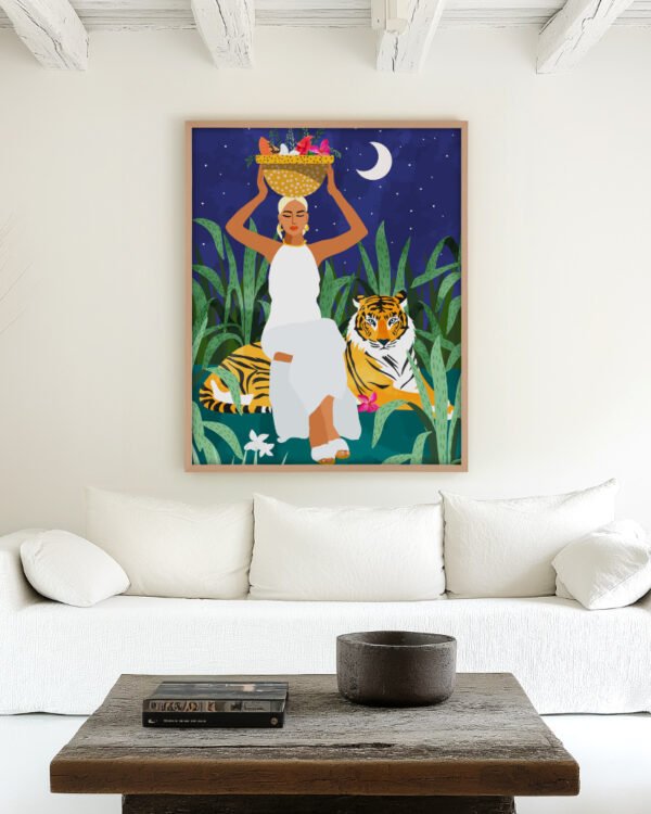 Shop Not where I intended to go, but Even Better — Midnight Tiger Forest bohemian woman midnight tiger Jungle safari fruit basket Painting Art Print, Canvas Print, commercial digital license and instant download printable - available at 83oranges.com by artist Uma Gokhale India