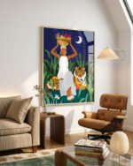 Shop Not where I intended to go, but Even Better — Midnight Tiger Forest bohemian woman midnight tiger Jungle safari fruit basket Painting Art Print, Canvas Print, commercial digital license and instant download printable - available at 83oranges.com by artist Uma Gokhale India