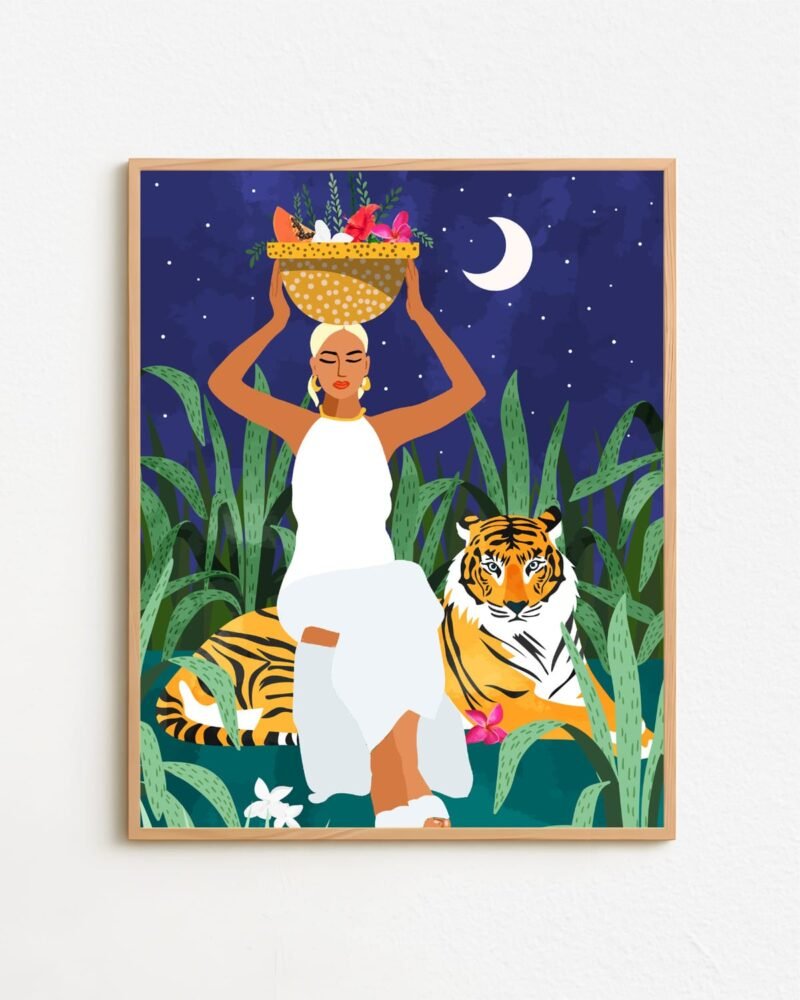 Shop bohemian woman midnight tiger Jungle safari fruit basket Painting Art Print, Canvas Print - available at 83oranges.com by artist Uma Gokhale India