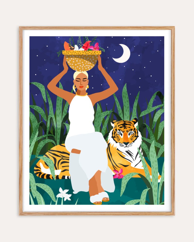 Shop bohemian woman midnight tiger Jungle safari fruit basket Painting Art Print, Canvas Print, commercial digital license and instant download printable - available at 83oranges.com by artist Uma Gokhale India