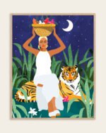 Shop Not where I intended to go, but Even Better — Midnight Tiger Forest bohemian woman midnight tiger Jungle safari fruit basket Painting Art Print, Canvas Print, commercial digital license and instant download printable - available at 83oranges.com by artist Uma Gokhale India