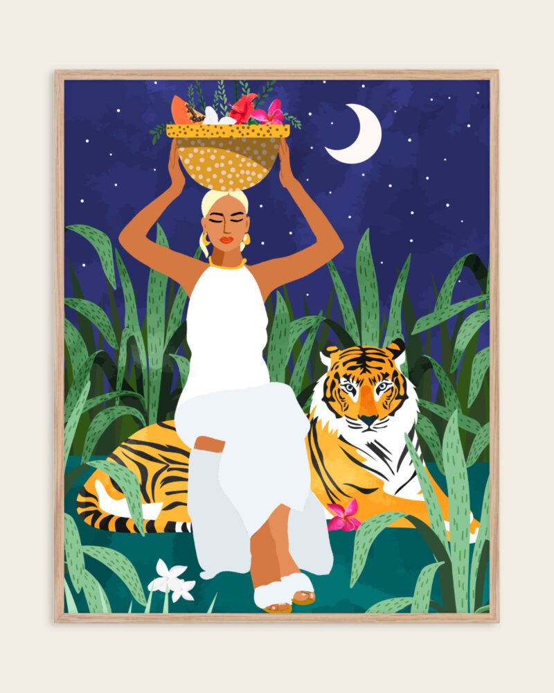 Shop Not where I intended to go, but Even Better — Midnight Tiger Forest bohemian woman midnight tiger Jungle safari fruit basket Painting Art Print, Canvas Print, commercial digital license and instant download printable - available at 83oranges.com by artist Uma Gokhale India