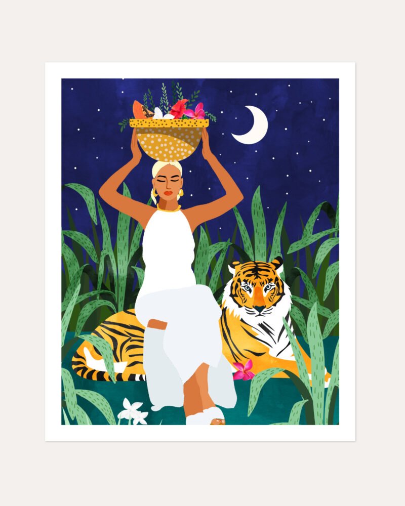 Shop bohemian woman midnight tiger Jungle safari fruit basket Painting Art Print, Canvas Print, commercial digital license and instant download printable - available at 83oranges.com by artist Uma Gokhale India