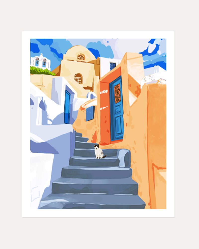 Shop cat in Greece Santorini animals pets architecture buildings Art Print, Canvas Print, commercial digital license, instant download printable - exclusively certified at 83oranges.com by artist Uma Gokhale India