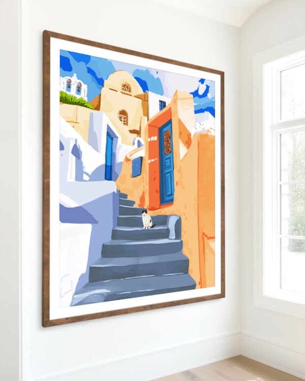 Shop cat in Greece Santorini animals pets architecture buildings Art Print, Canvas Print, commercial digital license, instant download printable - exclusively certified at 83oranges.com by artist Uma Gokhale Indialatets