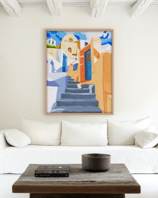 Shop cat in Greece Santorini animals pets architecture buildings Art Print, Canvas Print, commercial digital license, instant download printable - exclusively certified at 83oranges.com by artist Uma Gokhale Indialatets