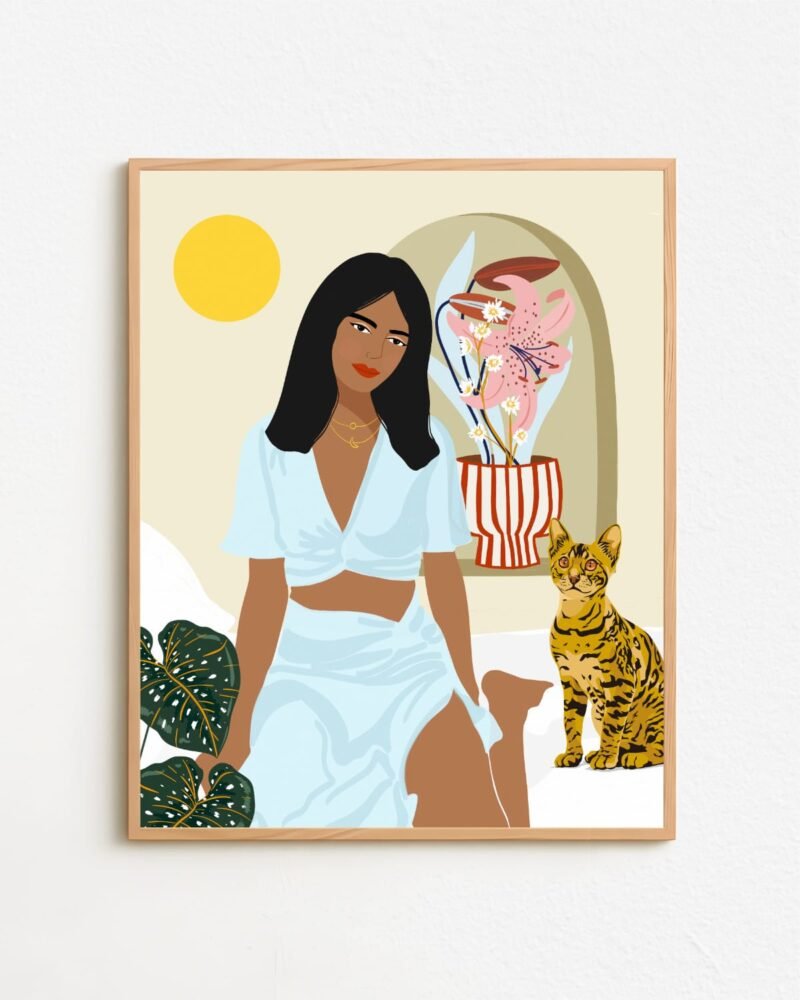 Shop bohemian boho brown woman with Bengal cat pet Art Print, Canvas Print - exclusively certified at 83oranges.com by artist Uma Gokhale India