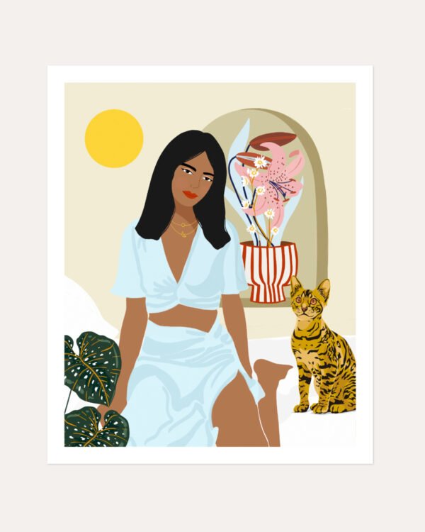 Shop bohemian boho brown woman with Bengal cat pet Art Print, Canvas Print, digital license, instant download - exclusively certified at 83oranges.com by artist Uma Gokhale India