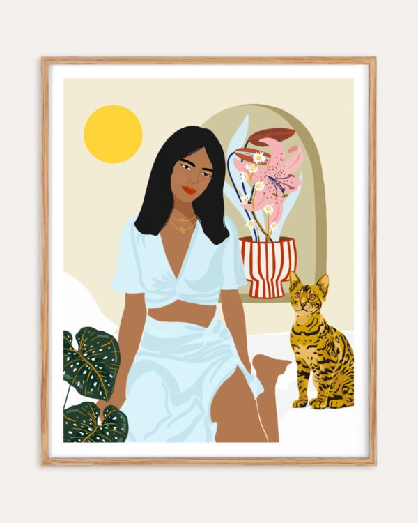 Shop bohemian boho brown woman with Bengal cat pet Art Print, Canvas Print, digital license, instant download - exclusively certified at 83oranges.com by artist Uma Gokhale India