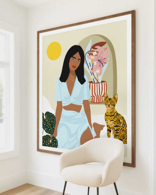 Shop bohemian boho brown woman with Bengal cat pet Art Print, Canvas Print, digital license, instant download - exclusively certified at 83oranges.com by artist Uma Gokhale India