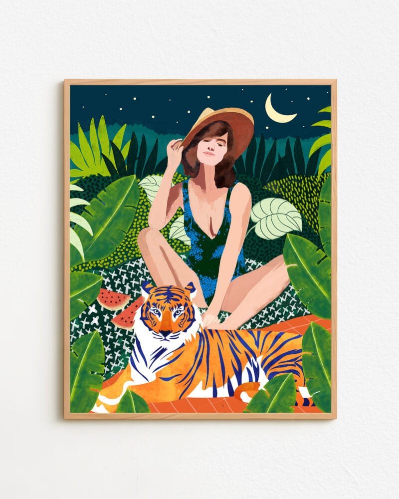 Shop living in the tiger jungle bohemian woman Art Print, Canvas Print, digital printable download - available at 83oranges.com by artist Uma Gokhale India