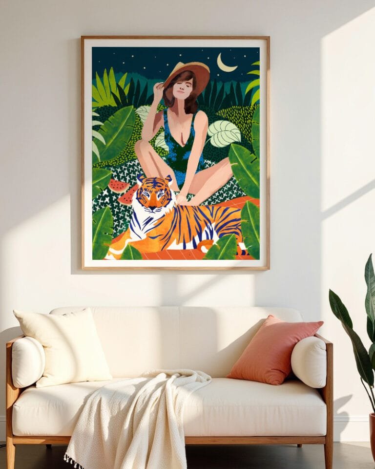 Shop living in the tiger jungle bohemian woman Art Print, Canvas Print, digital printable download - available at 83oranges.com by artist Uma Gokhale India