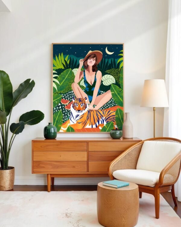 Shop living in the tiger jungle bohemian woman Art Print, Canvas Print, digital printable download - available at 83oranges.com by artist Uma Gokhale India