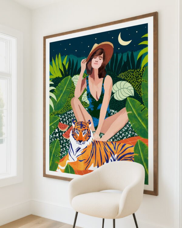 Shop living in the tiger jungle bohemian woman Art Print, Canvas Print, digital printable download - available at 83oranges.com by artist Uma Gokhale India