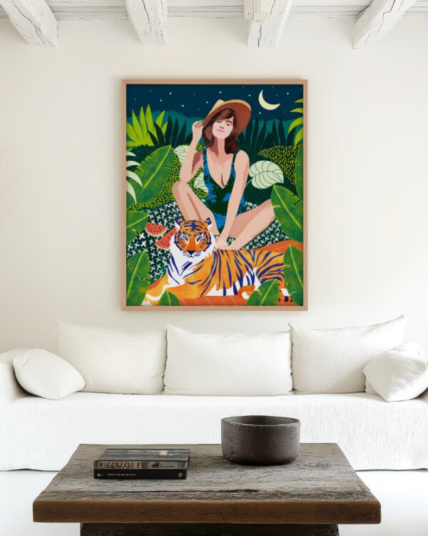 Shop living in the tiger jungle bohemian woman Art Print, Canvas Print, digital printable download - available at 83oranges.com by artist Uma Gokhale India