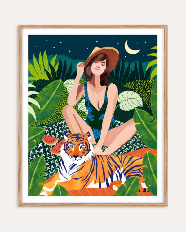 Shop living in the tiger jungle bohemian woman Art Print, Canvas Print, digital printable download - available at 83oranges.com by artist Uma Gokhale India