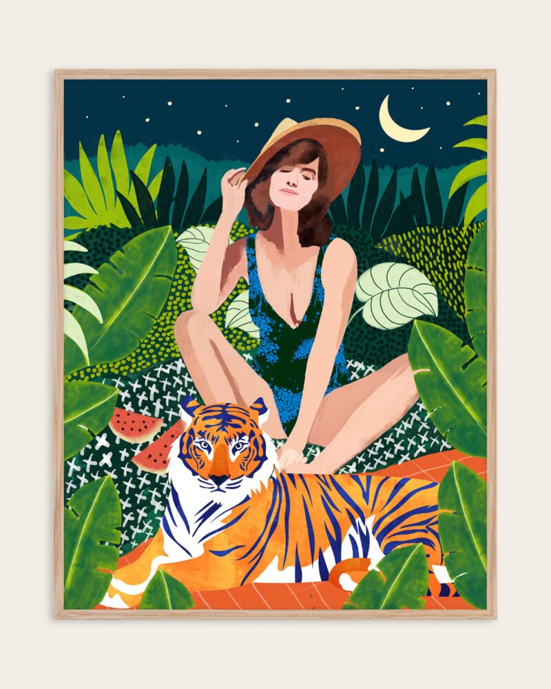Shop living in the tiger jungle bohemian woman Art Print, Canvas Print, digital printable download - available at 83oranges.com by artist Uma Gokhale India