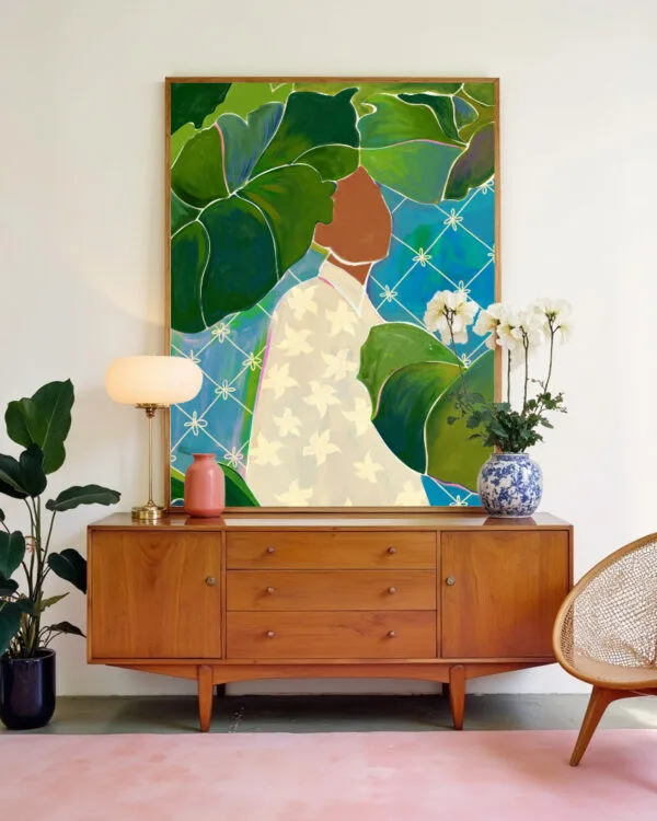 Shop tropical mood banana leaves woman painting people Art Print, Canvas Print - exclusively certified at 83oranges.com by artist Uma Gokhale India