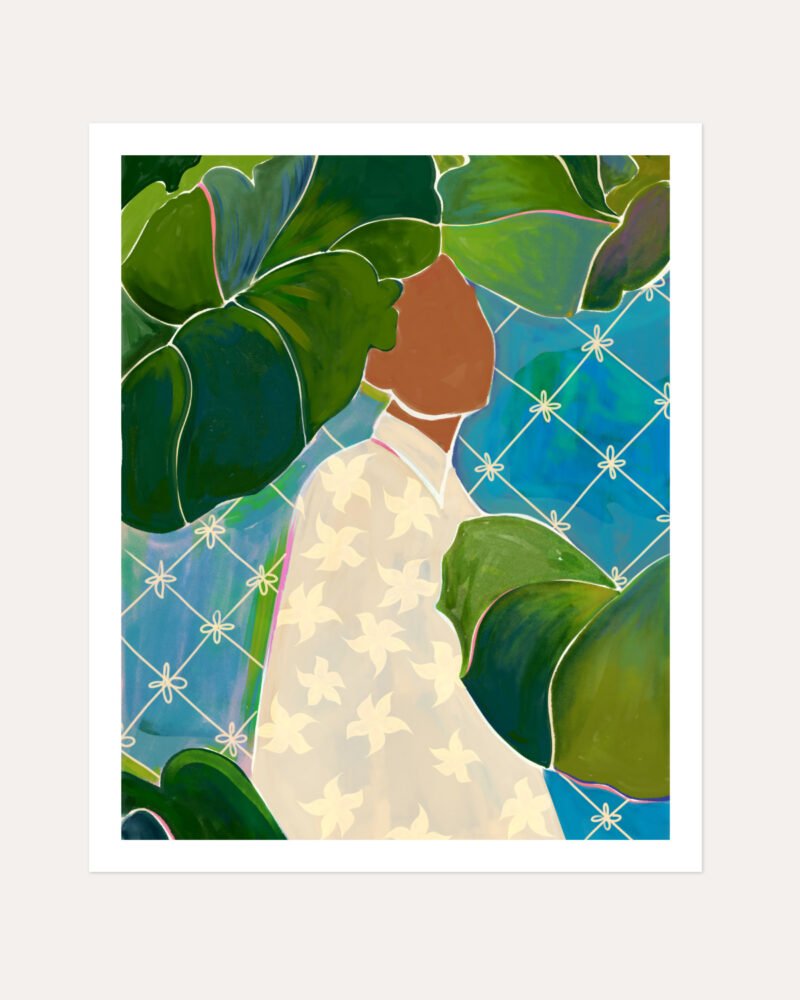 Shop tropical mood banana leaves woman painting people Art Print, Canvas Print, commercial digital license & instant download printable - exclusively certified at 83oranges.com by artist Uma Gokhale India