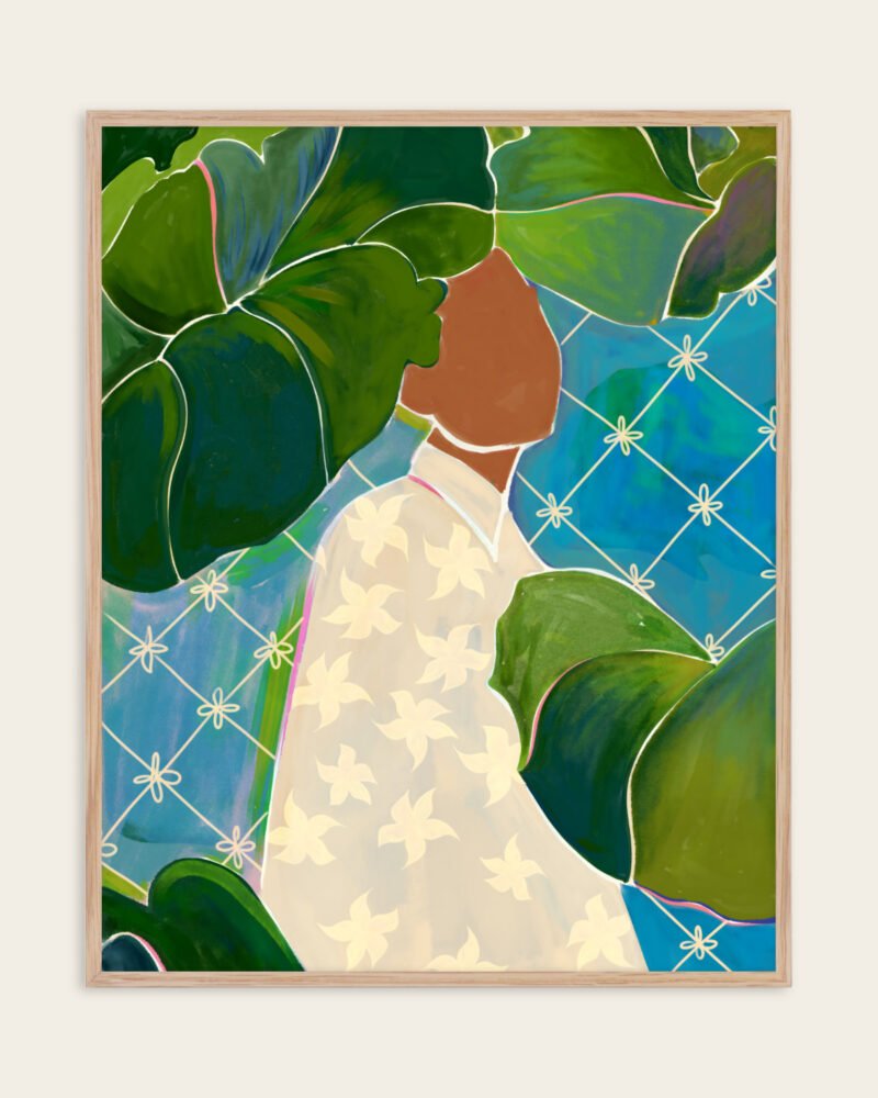 Shop tropical mood banana leaves woman painting people Art Print, Canvas Print, commercial digital license & instant download printable - exclusively certified at 83oranges.com by artist Uma Gokhale India