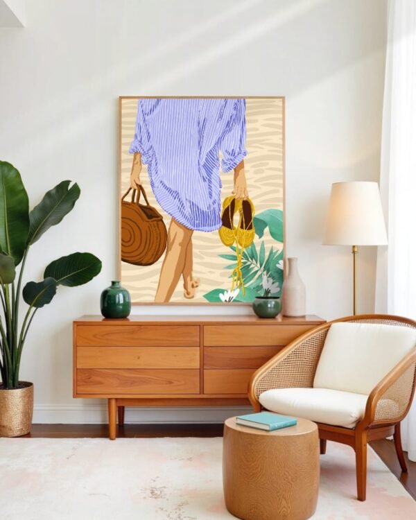 Shop bohemian woman on the beach walking fashion Art Print, Canvas Print, commercial digital license, instant download printable - available at 83oranges.com by artist Uma Gokhale India