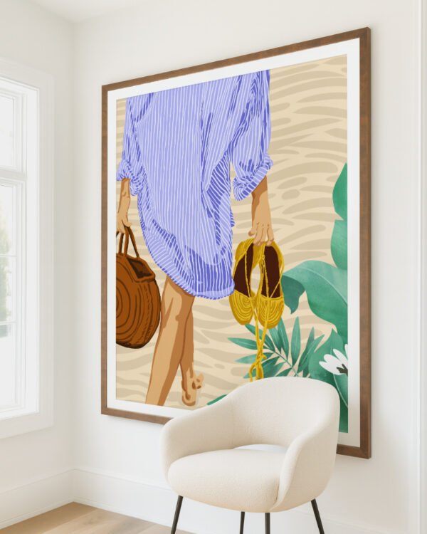 Shop bohemian woman on the beach walking fashion Art Print, Canvas Print, commercial digital license, instant download printable - available at 83oranges.com by artist Uma Gokhale India