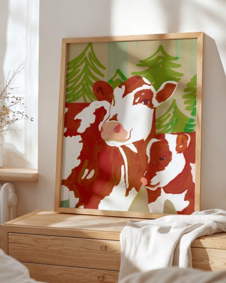 Shop Mama’s Love – Cow & Calf Woodland Embrace painting Art Print, Canvas Print - exclusively certified at 83oranges.com by artist Uma Gokhale India