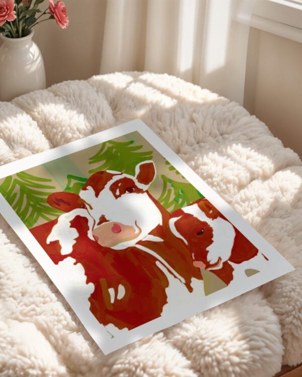Shop Mama’s Love – Cow & Calf Woodland Embrace painting Art Print, Canvas Print - exclusively certified at 83oranges.com by artist Uma Gokhale India