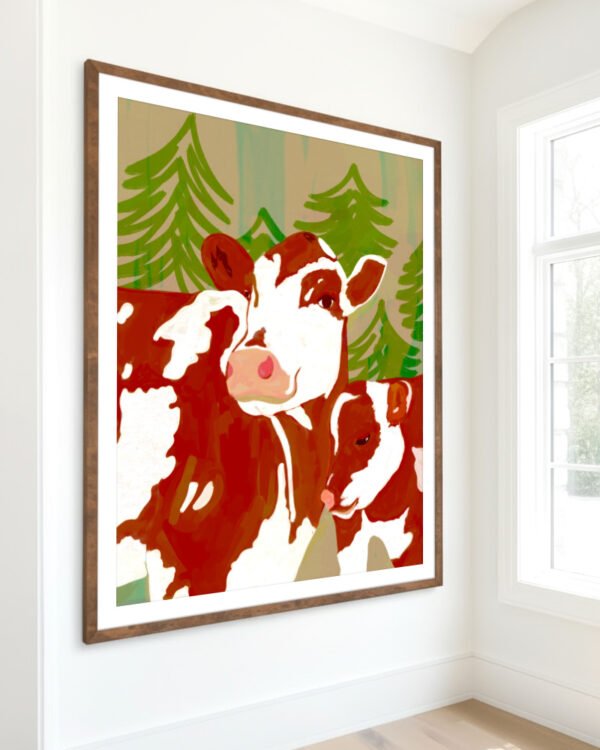 Shop Mama’s Love – Cow & Calf Woodland Embrace painting Art Print, Canvas Print, commercial digital license, instant download printable - exclusively certified at 83oranges.com by artist Uma Gokhale India