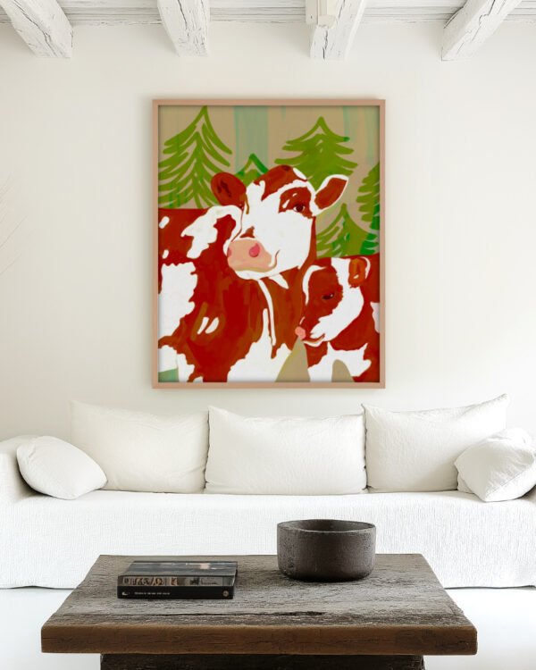 Shop Mama’s Love – Cow & Calf Woodland Embrace painting Art Print, Canvas Print, commercial digital license, instant download printable - exclusively certified at 83oranges.com by artist Uma Gokhale India